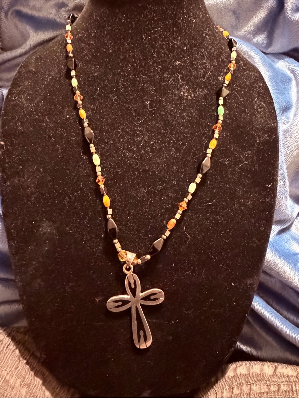 Taxco 925 Sterling Silver Cross Necklace Onyx Carnelian Stone Beaded Artisan